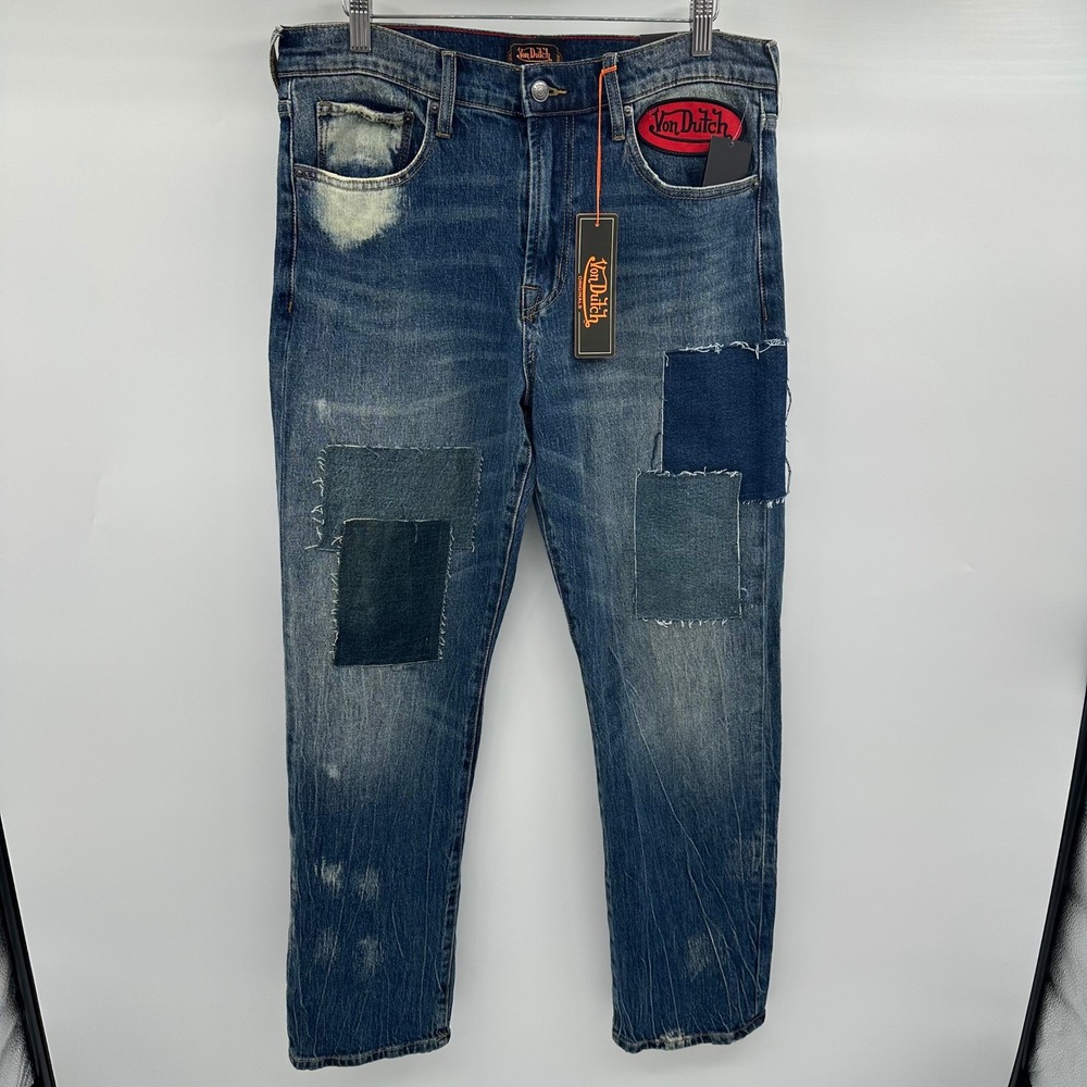 Von Dutch Originals Mens Patchwork Distressed Jeans Blue 32x32 VD27121MD21 NWT - Picture 2 of 16